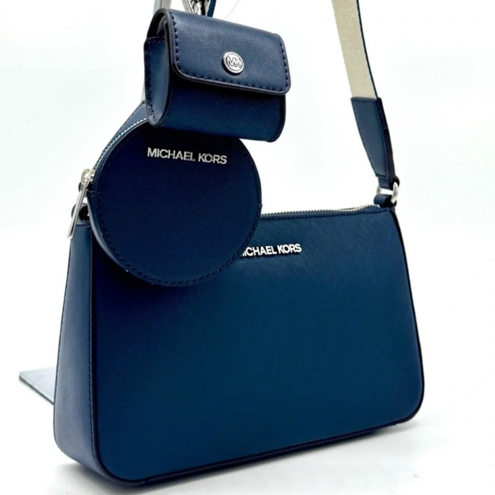 Michael Kors Small Leather Crossbody Bag w Case for Apple Airpods Pro® Navy - Picture 3 of 11